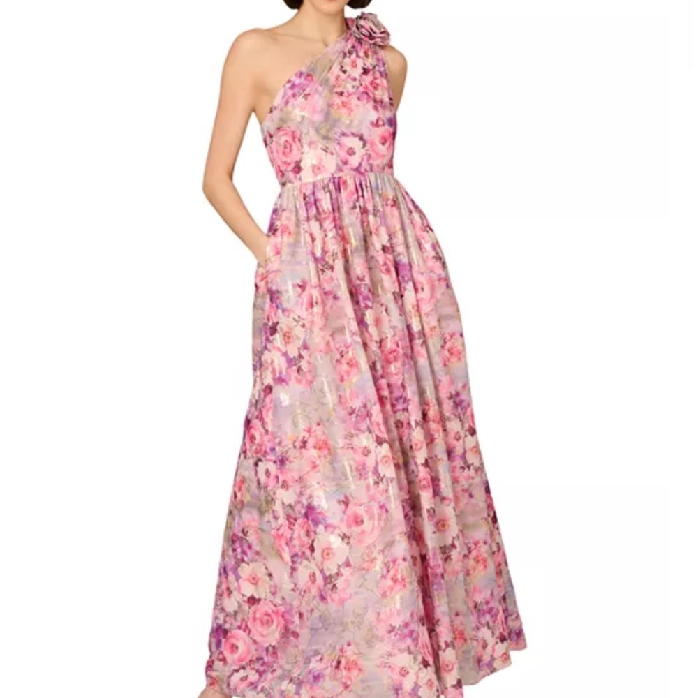Size 4 Aidan Mattox Pink and Metallic Floral One Shoulder Jacquard Gown Dress